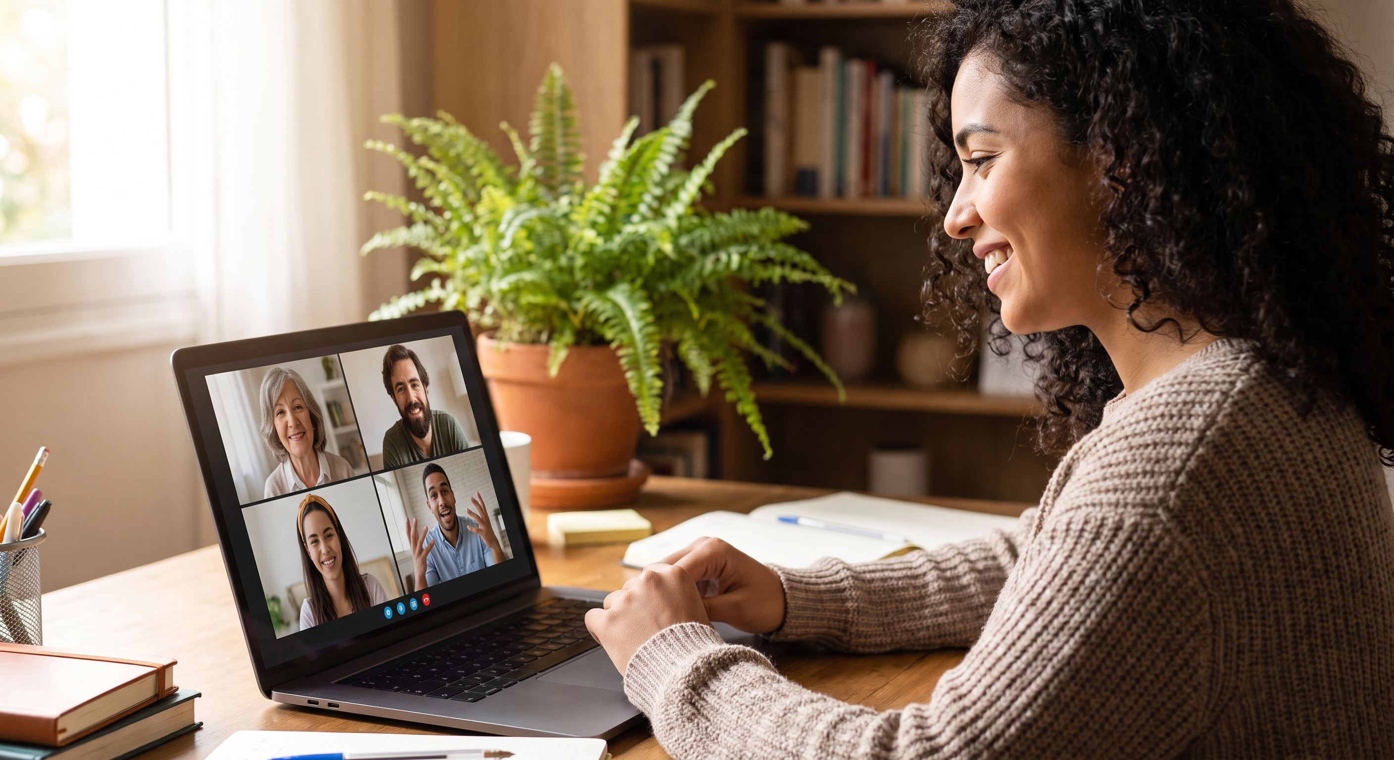 Sesión de conversación en grupo por videollamada, cuatro personas sonriendo