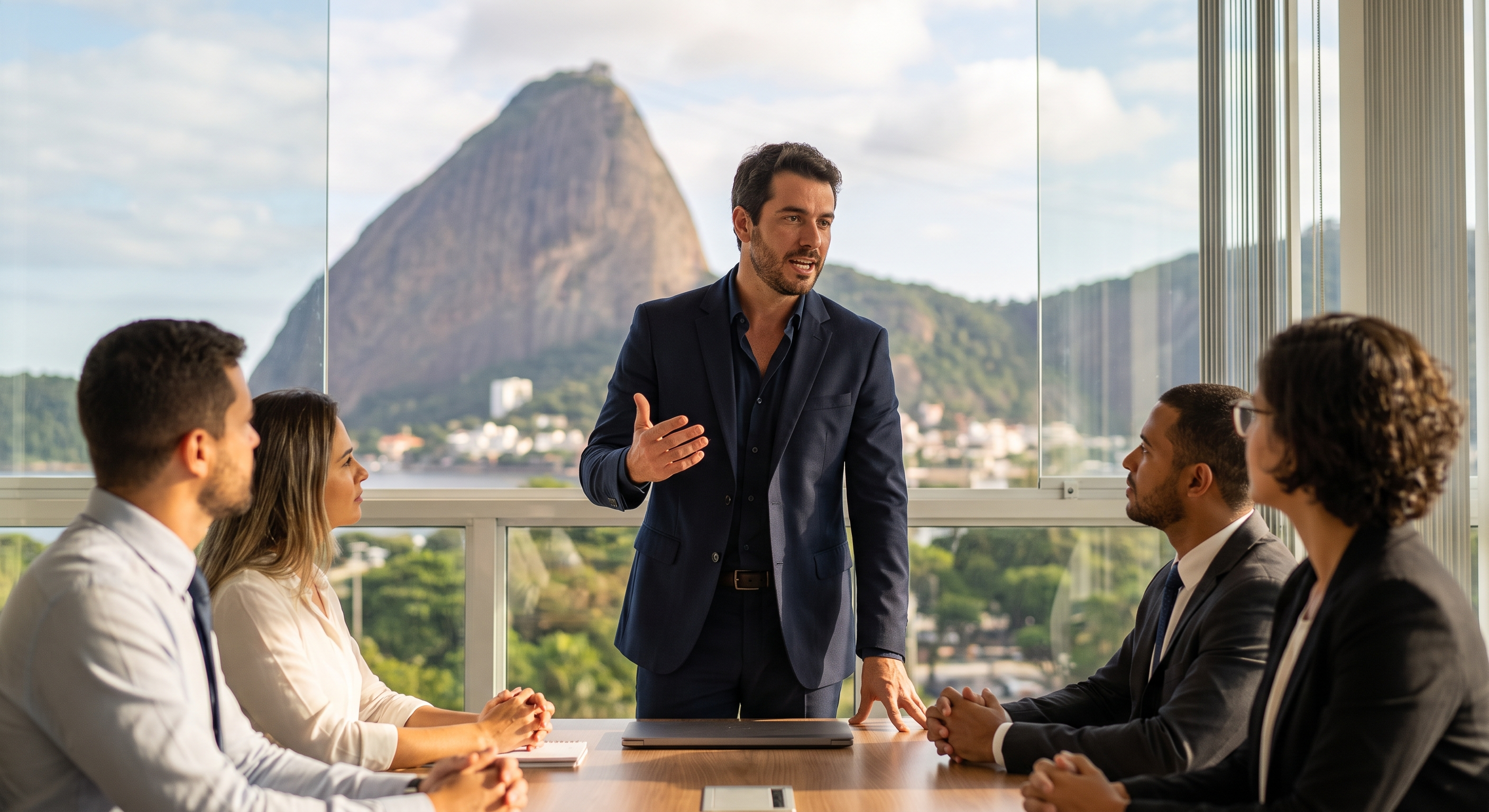 Ejecutivo hablando portugués con confianza en una reunión de negocios en Río de Janeiro, con el Pan de Azúcar de fondo
